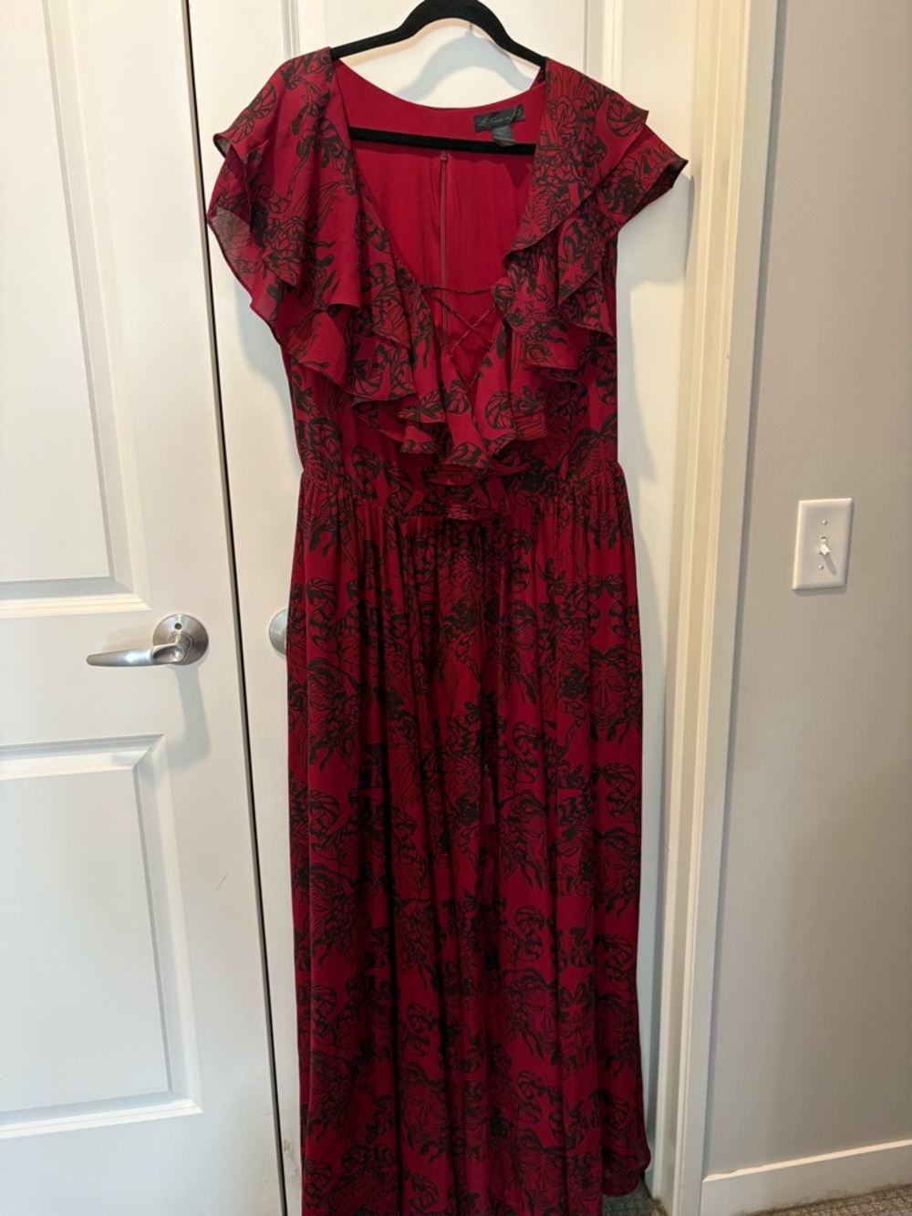 Red Gorgon Ruffle Maxi Dress with Smocked Waist
